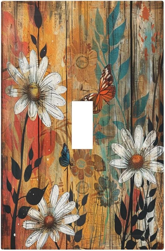 Placa interruptor madera vintage con flores y mariposas