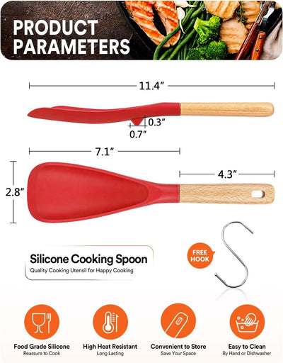 Cuchara silicona mate antiadherente mango madera 11.4pulg rojo