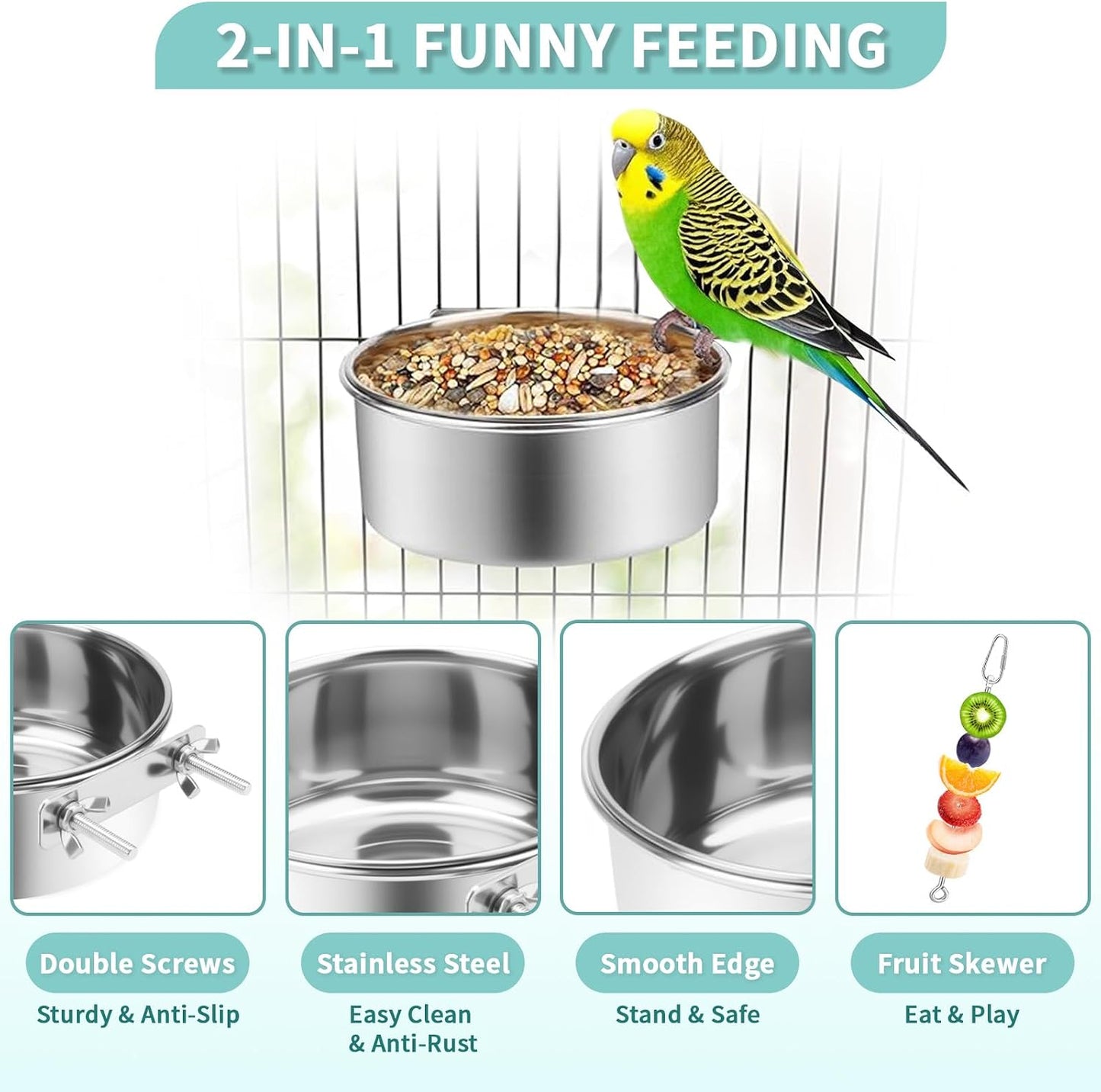 2 Cuencos Comedero Pájaros 3 Soportes Alimentos Acero Inox