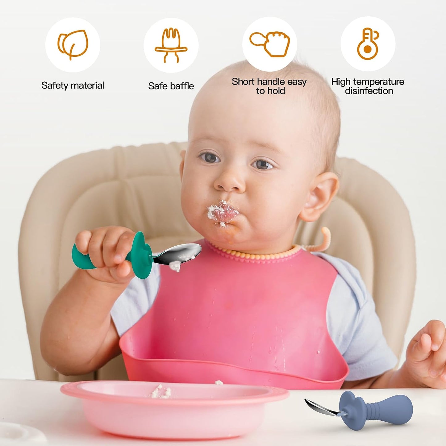 Cucharas bebé mango silicona acero inox antiestrangulamiento