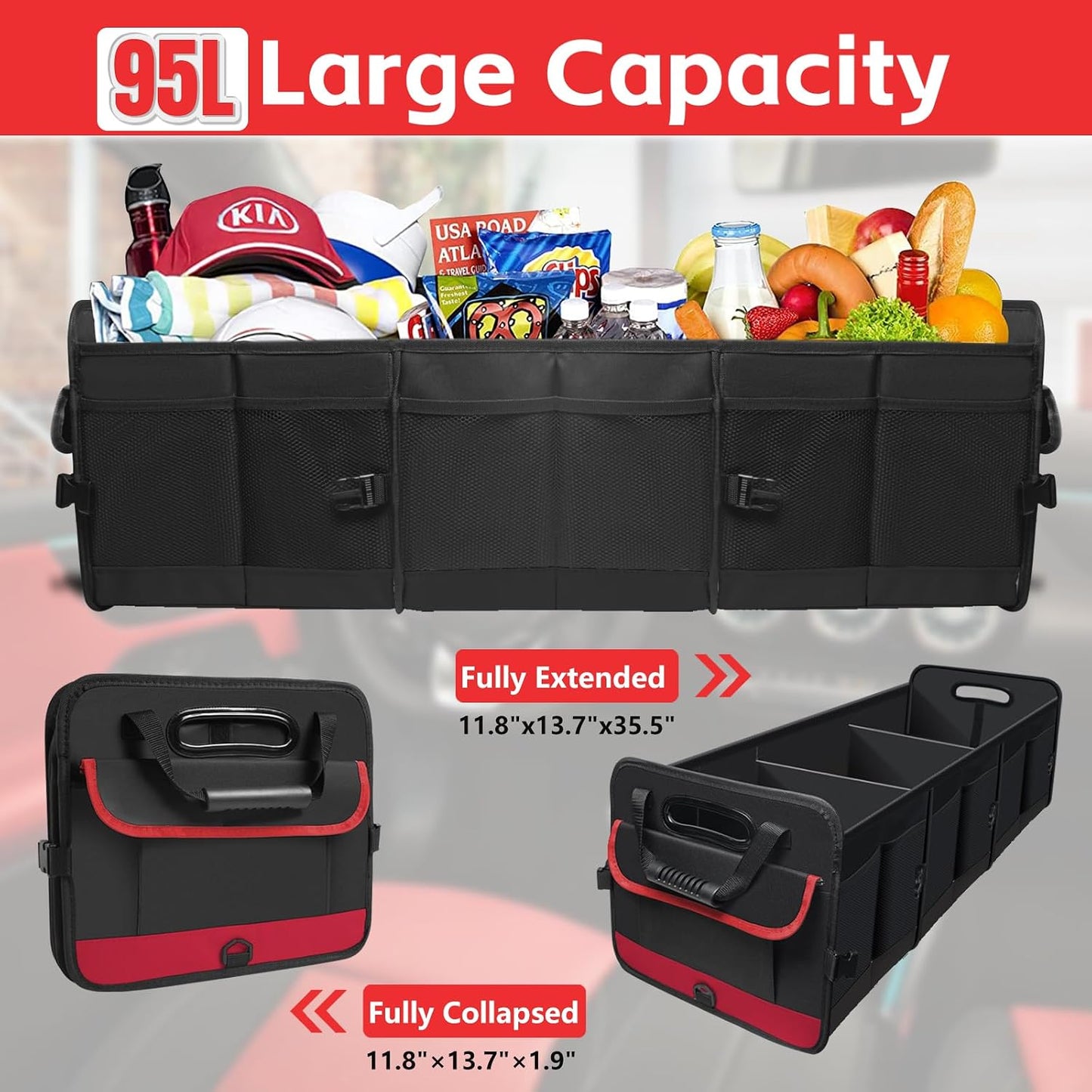 Organiz. maletero auto 95l plegable con bolsillos y correas