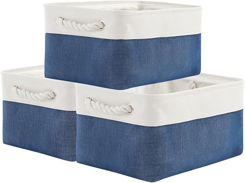 Canasta tela plegable 14x10x7" 3uds blanco y azul jean