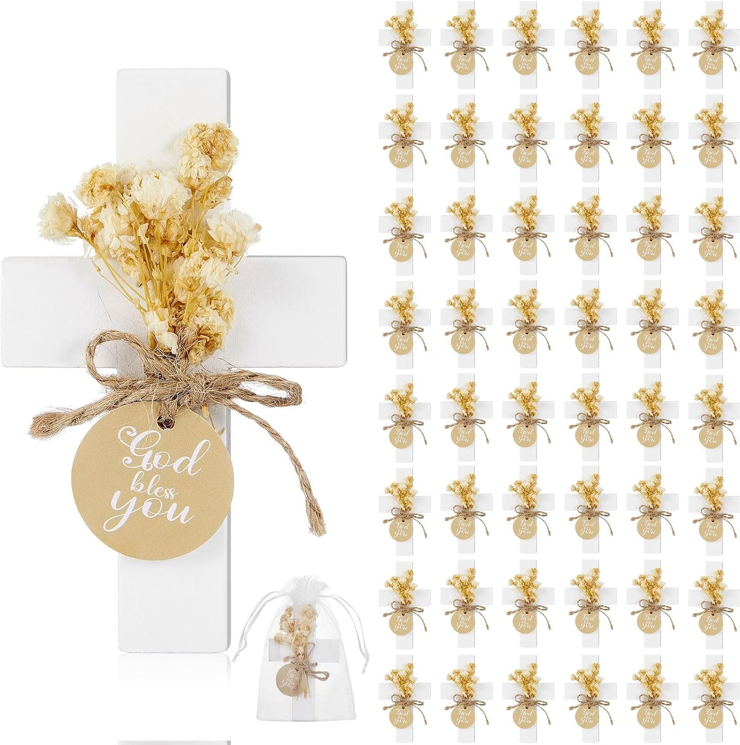 48 Set Regalos Bautismo Madera Cruz Flor Blanco