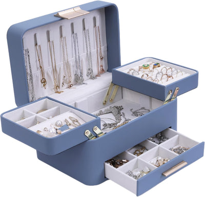 Caja joyas cuero PU 3 capas con cajones gris azulado