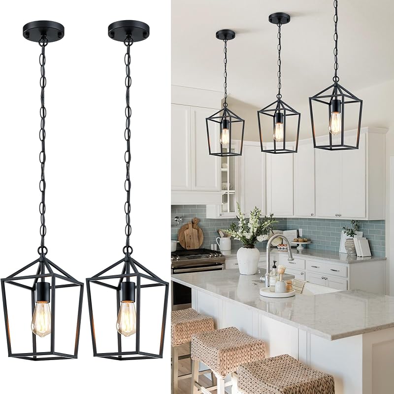 2 Luces colgantes isla cocina diseño jaula metal negro