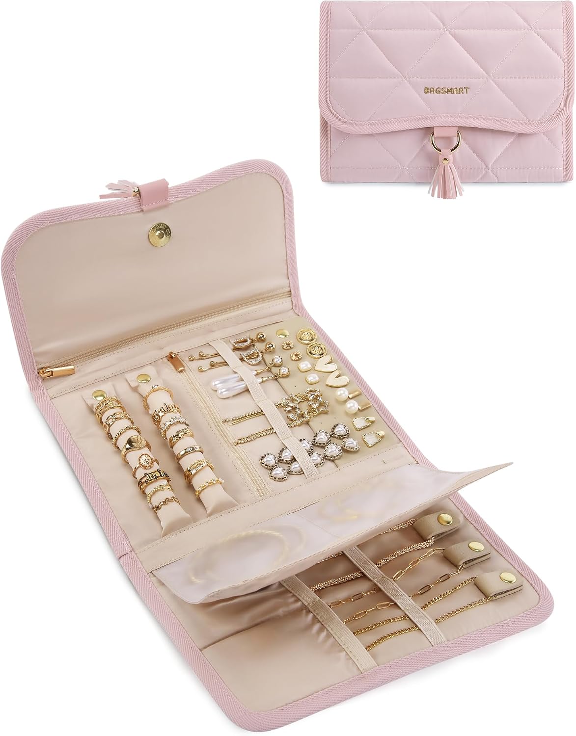 Estuche joyas viaje enrollable plegable rosa