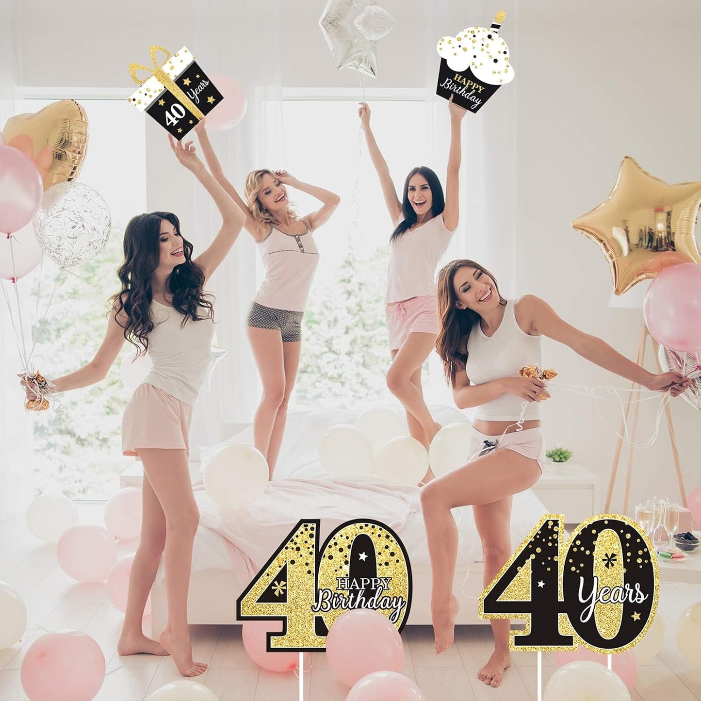 Set 8 carteles cumpleaños 40 negro y dorado patio