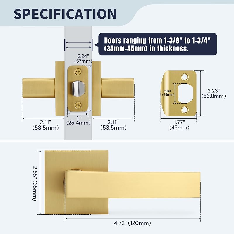 Manijas puerta doradas paso cuadrado sin cerradura pack 10