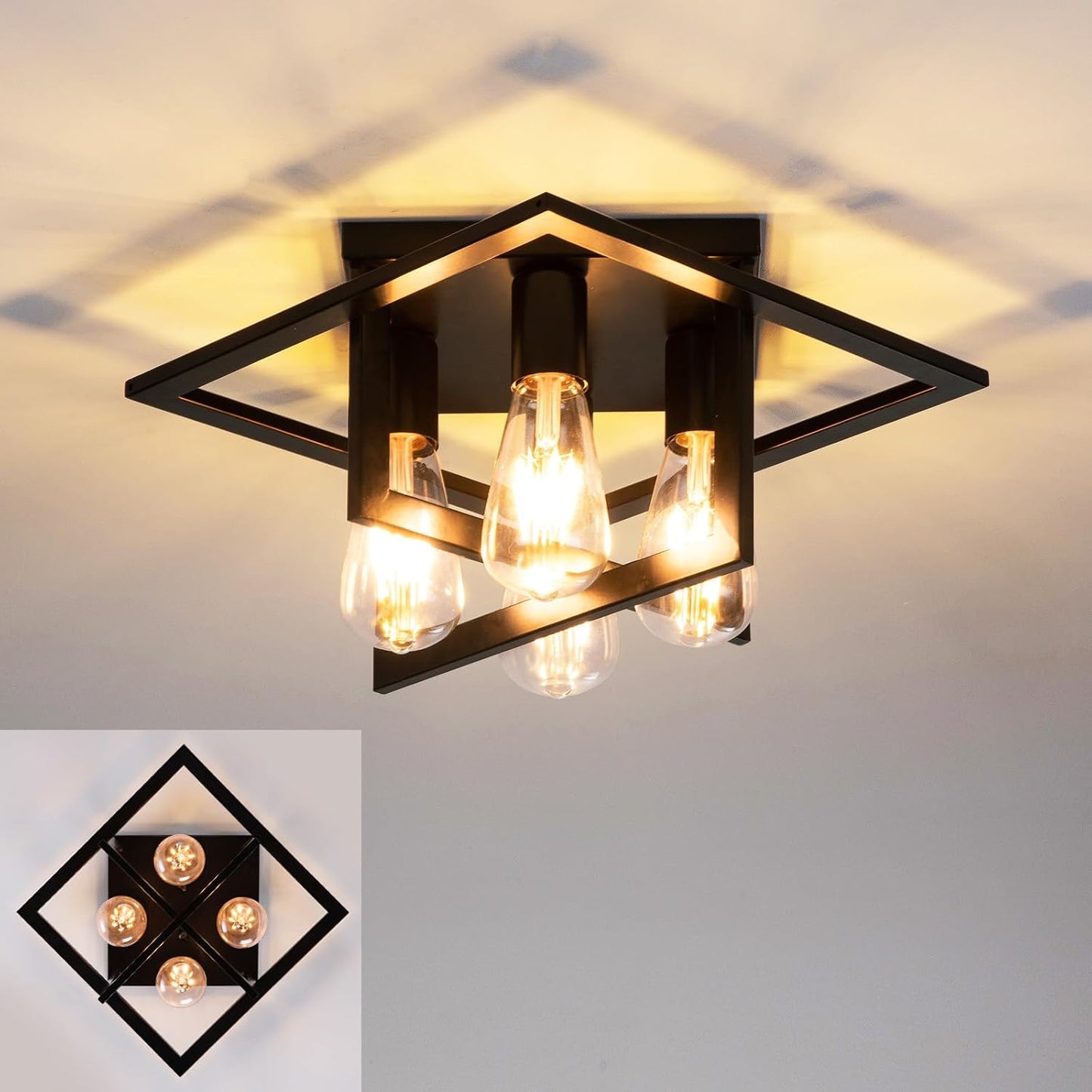 Lámpara techo industrial 4 luces negro diseño jaula