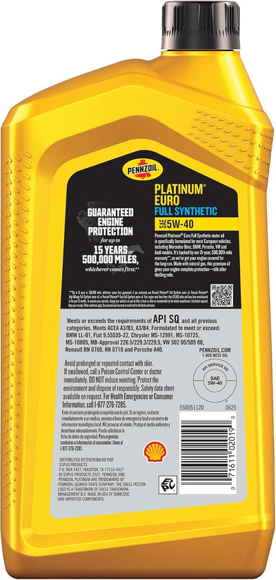 Aceite motor sintético Platinum 5W-40 1qt