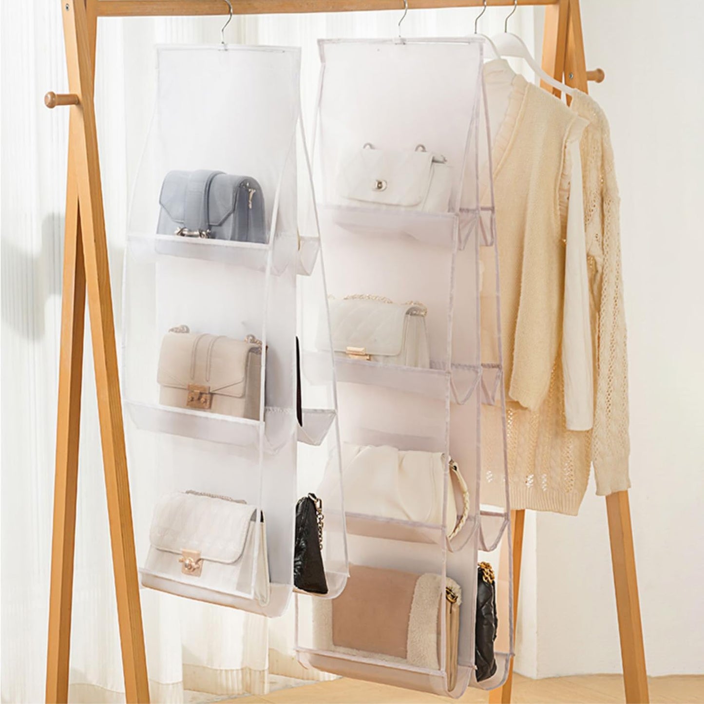 Organiz. colgante para bolsos 8 bolsillos transparentes