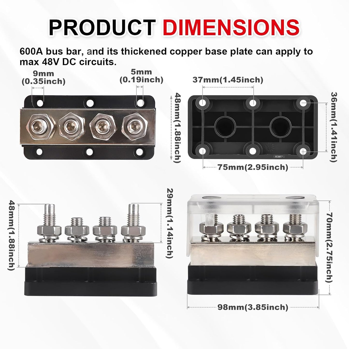 Bloque distribución energía 600A 4x3/8" M10 48V automóvil