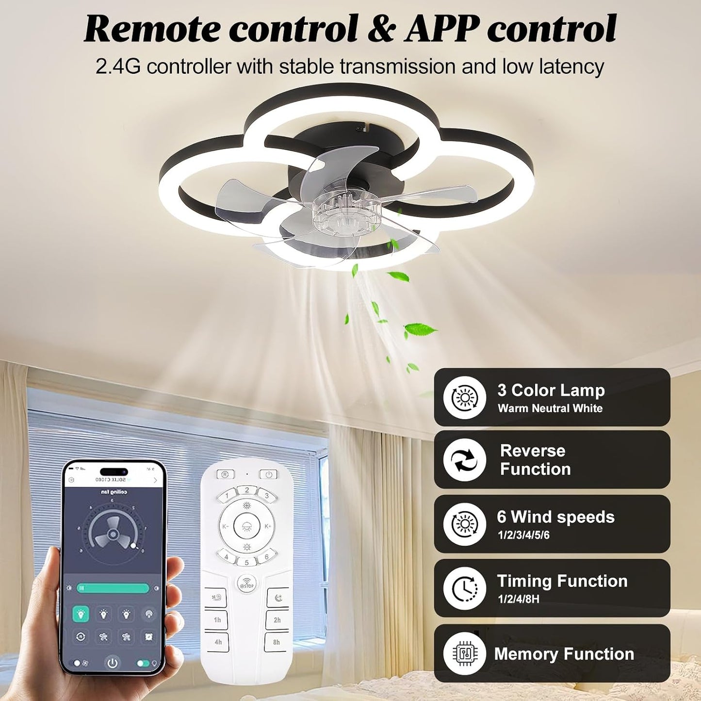 Ventilador techo led moderno con luz 3000-6500k 6