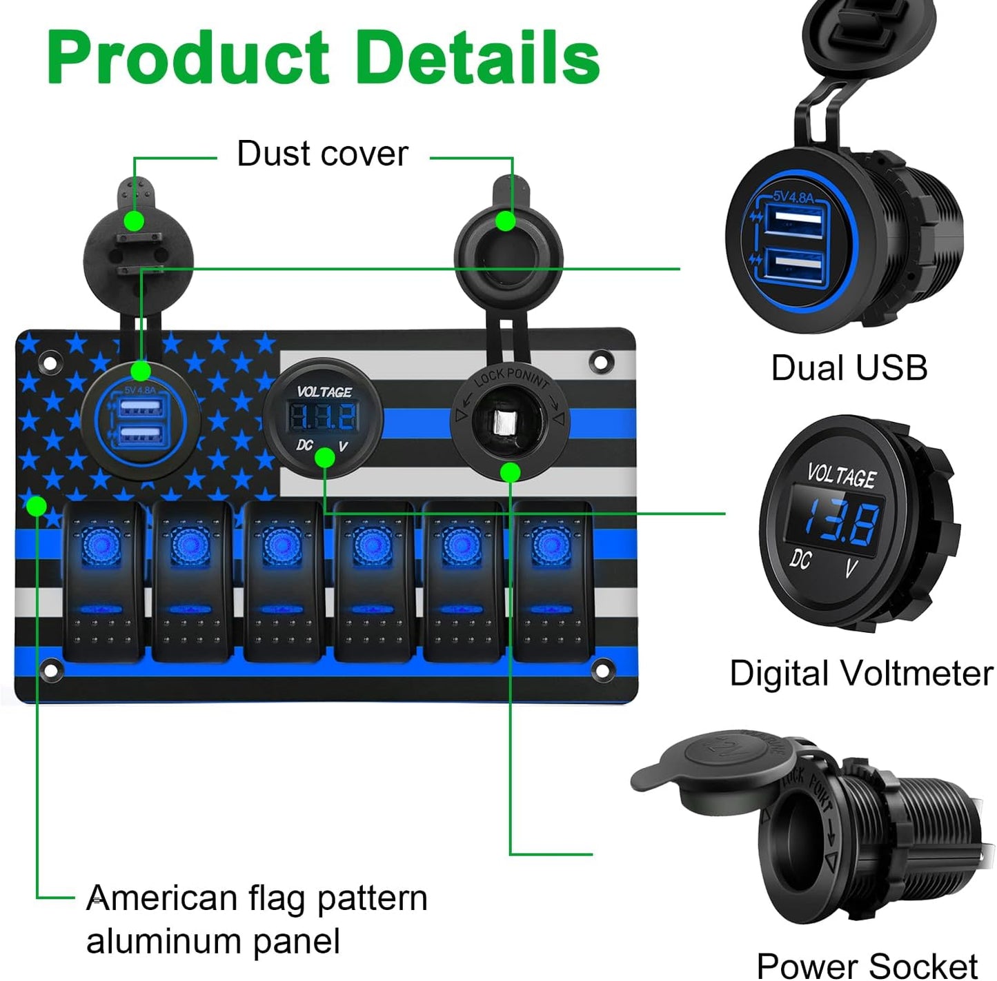 Panel interruptores aluminio 6 bandas bandera USB dual