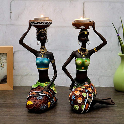 2 Esculturas mujer africana 8.5pulg portavelas decoración