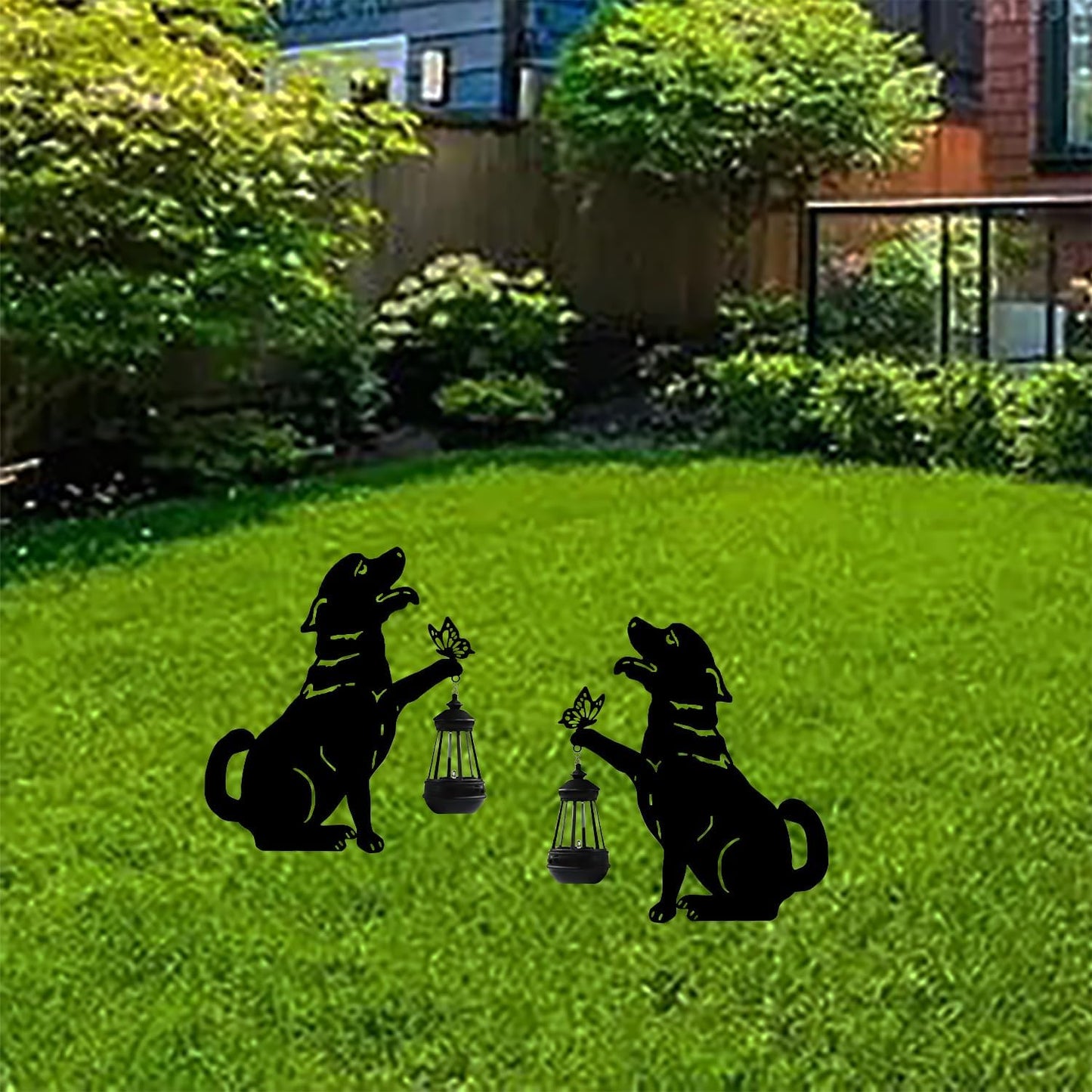 Estacas decoración jardín perro negro energía solar metal
