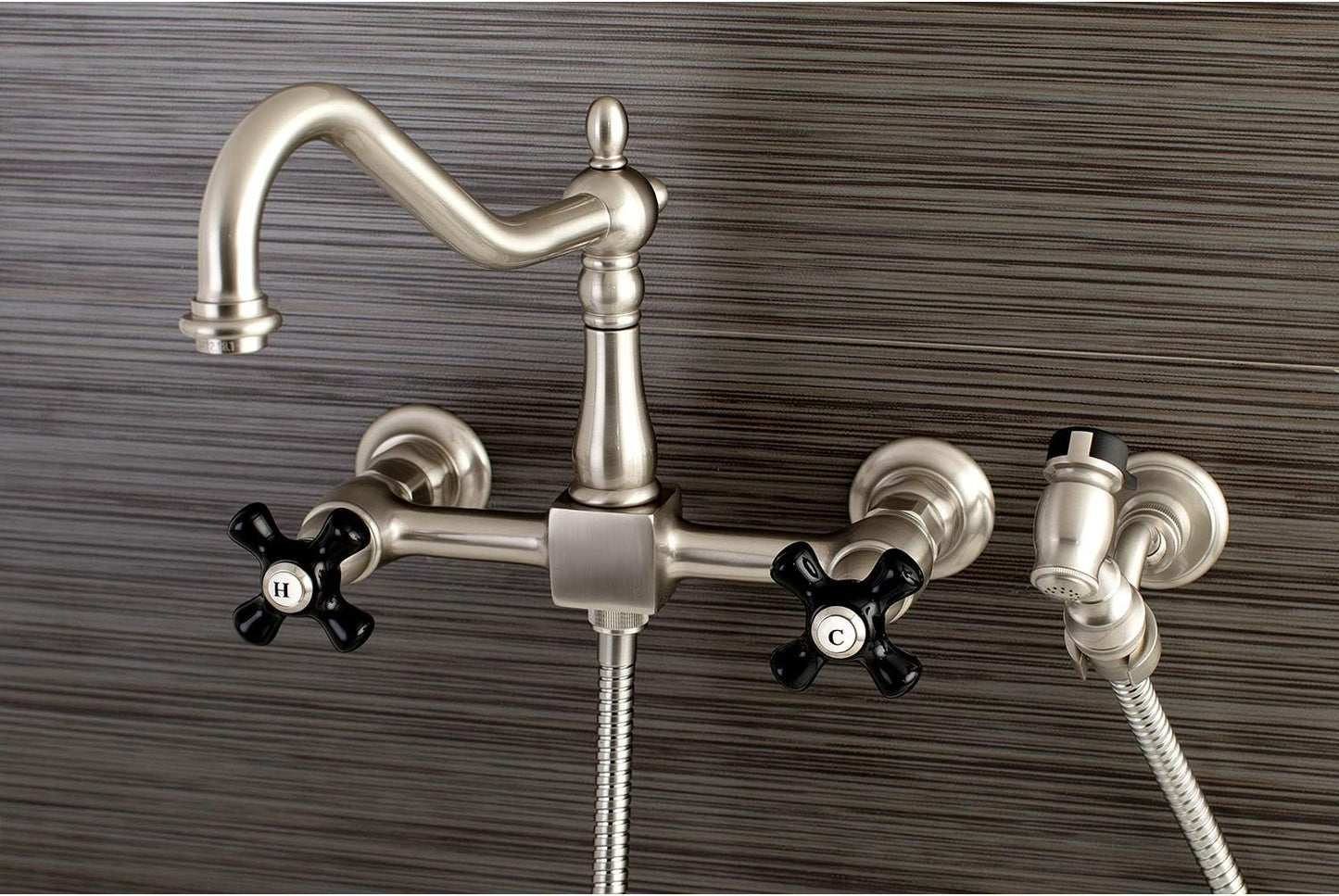 Grifo cocina puente pared rociador latón níquel 8-1/2pulg