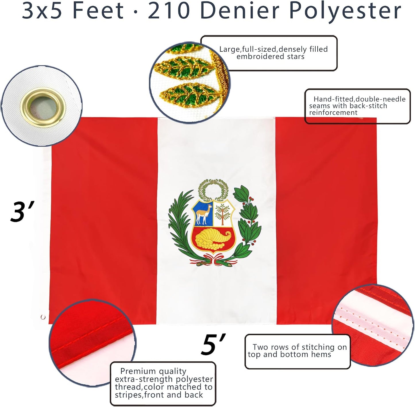 Bandera Perú 3x5ft rayas cosidas ojales latón