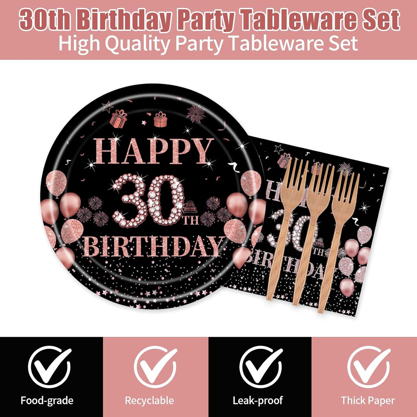 Juego 72 platos servilletas negro oro rosa para fiesta 30 años