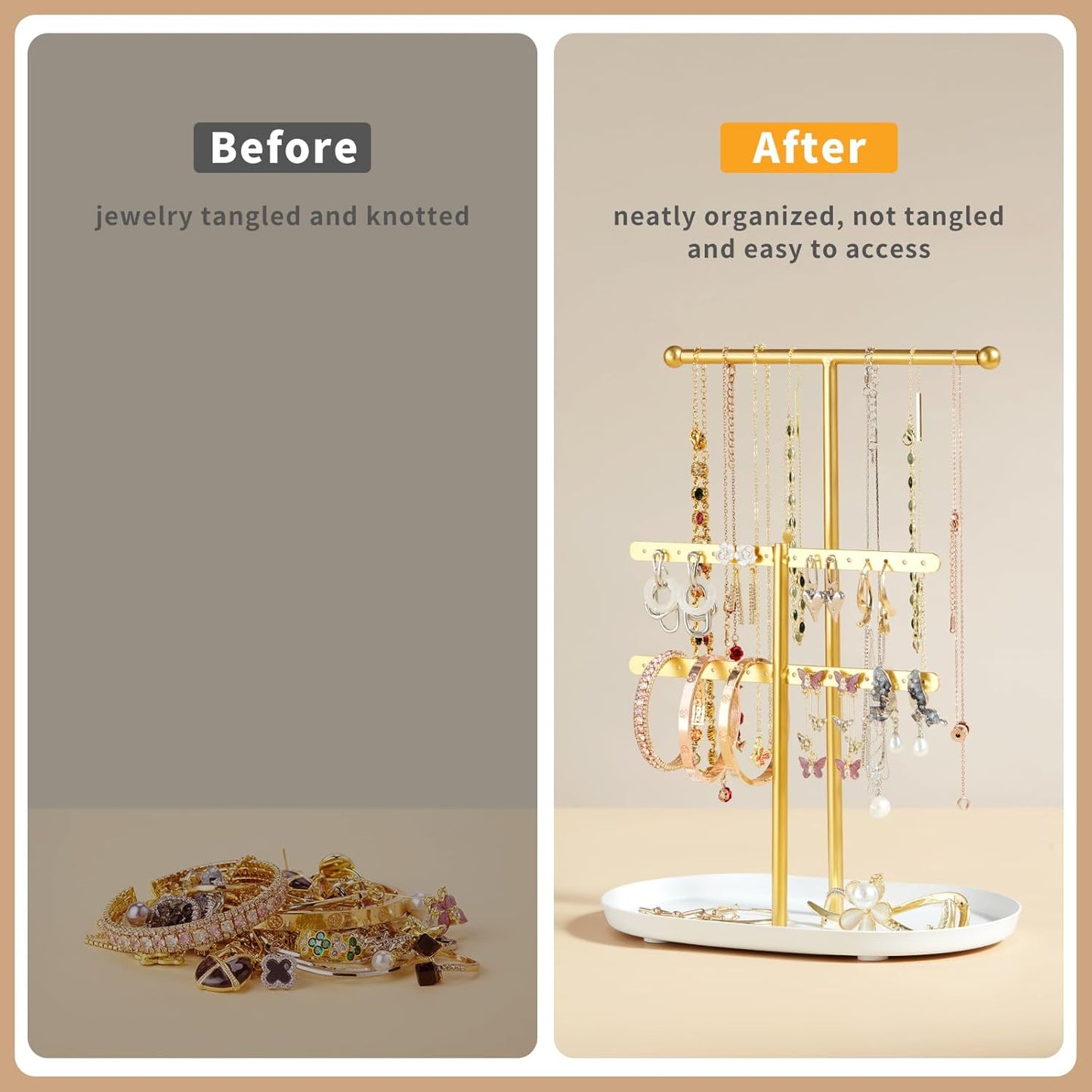Organiz. joyas 2 niveles soporte exhibicion blanco dorado