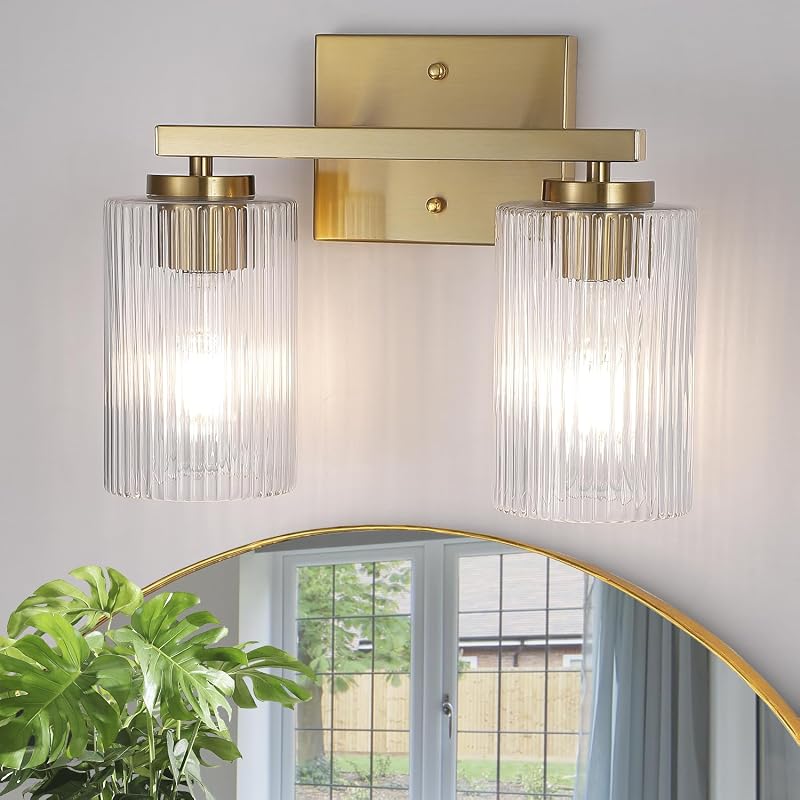 2 Luces Tocador Oro Cepillado Espejo Vidrio Texturizado E26