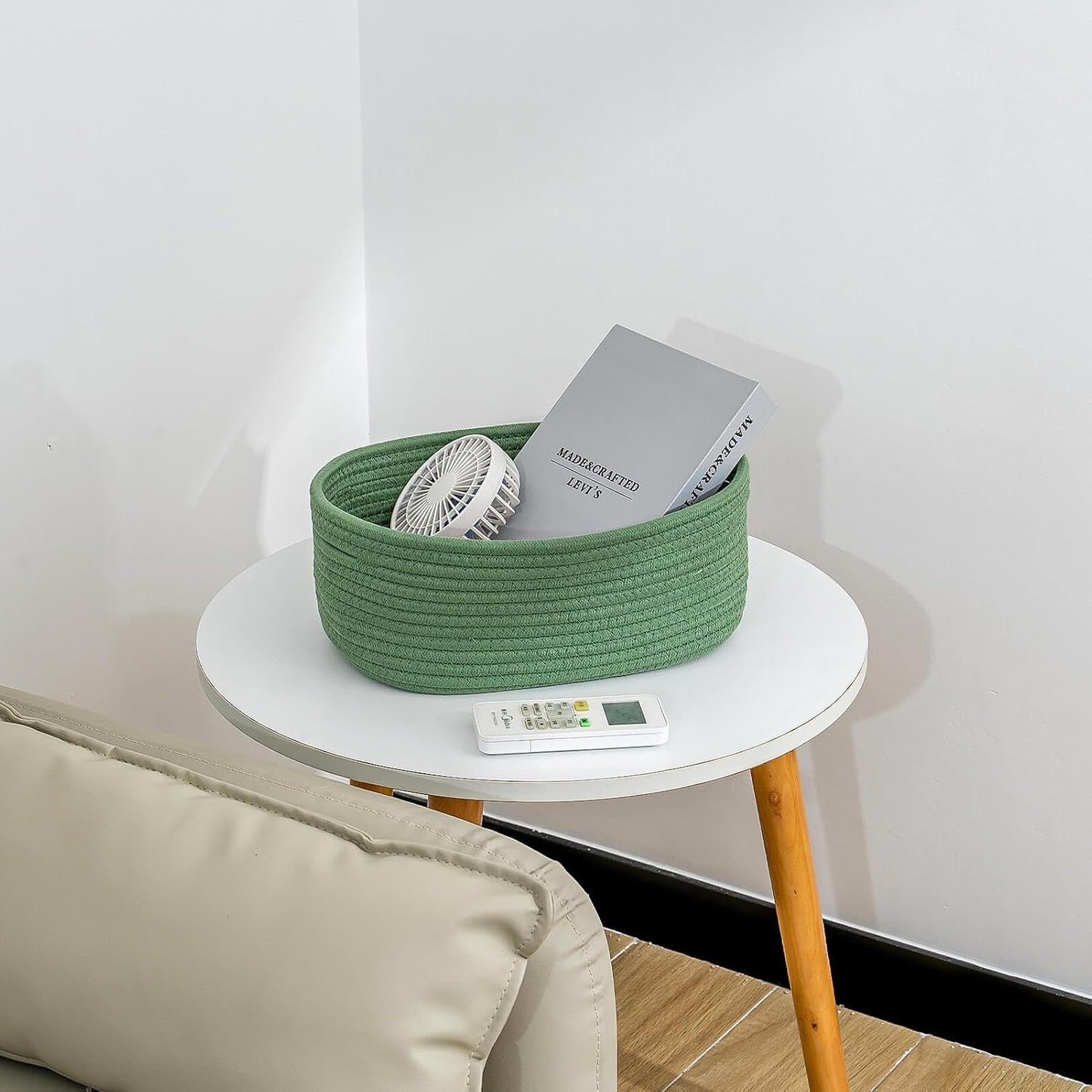 Cesta tejida verde para estantes y armarios duradera