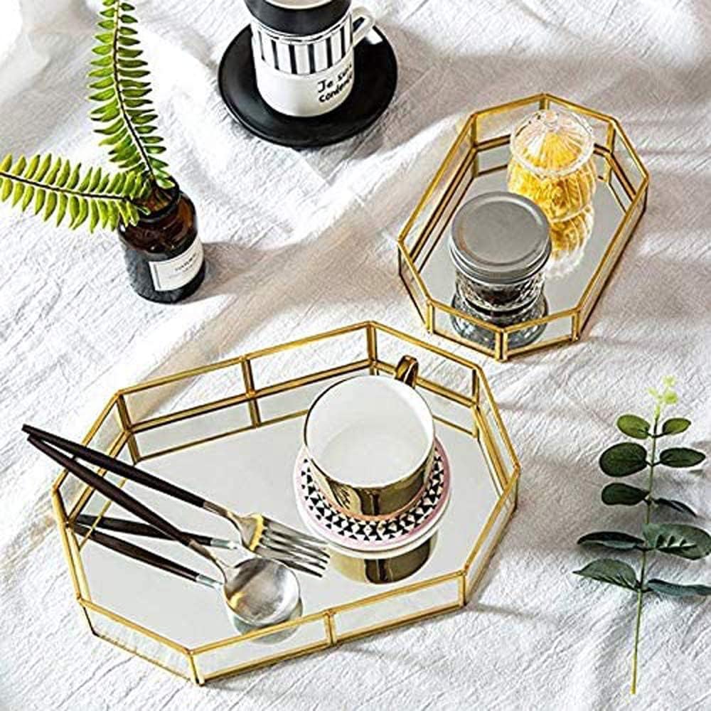 Bandeja decorativa espejo metal cristal 12.4x8.5"