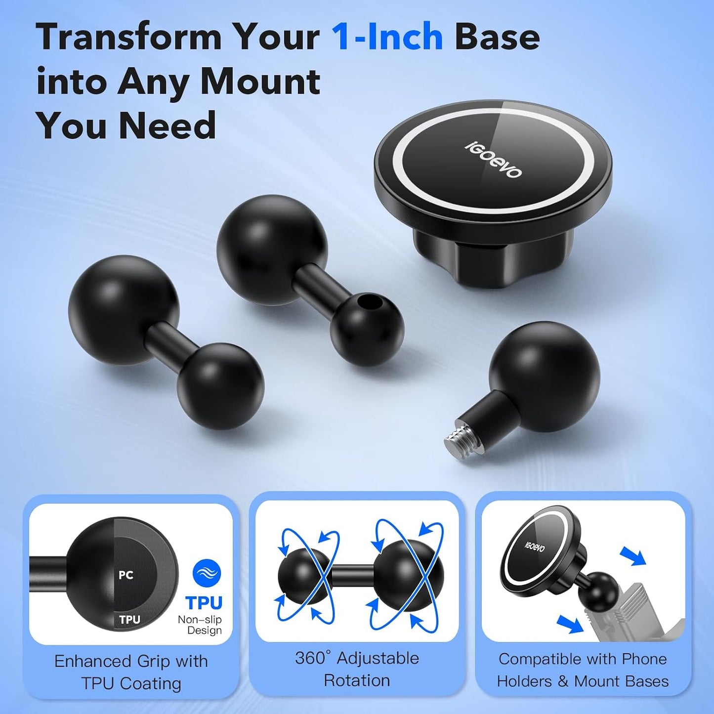 Kit adaptador bola 1pulg perno 1/4-20 soporte magnético