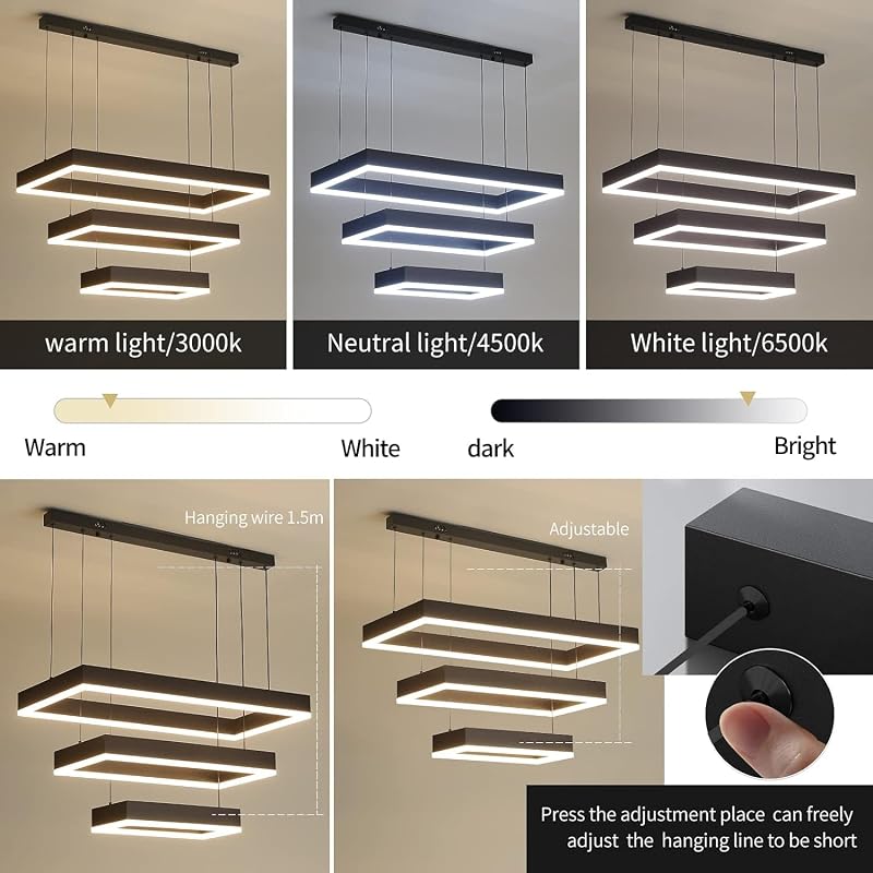 Lámpara araña LED rectangular 3 anillos control remoto negro