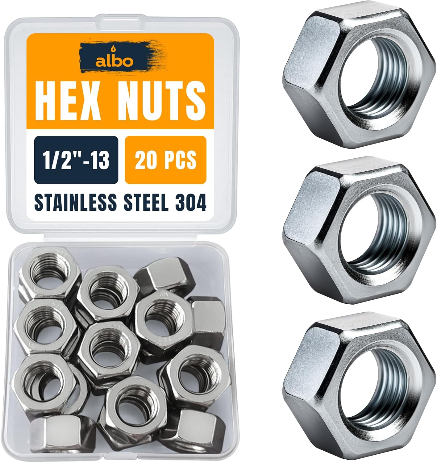 Set 20 Tuercas Hex 1/2-13 Acero Inox 304 SAE Caja Reutiliz.
