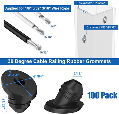 Paquete 100 ojales goma para cables 1/8 5/32 3/16 pulg