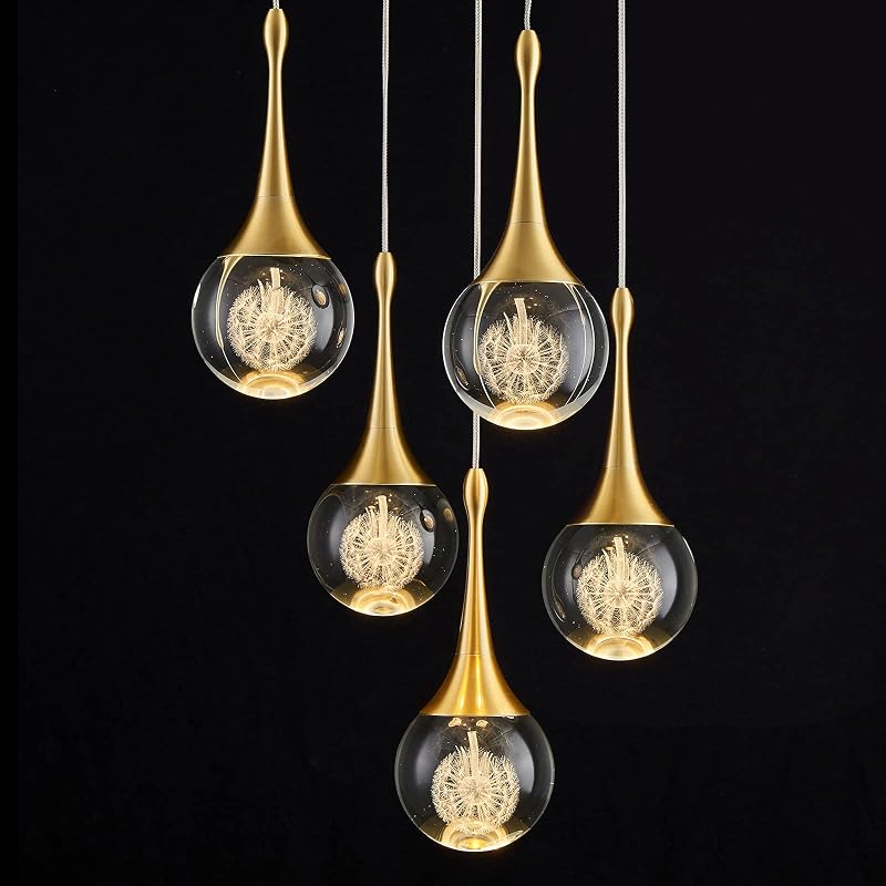 Lámpara colgante cristal 5 luces LED dorada forma lágrima