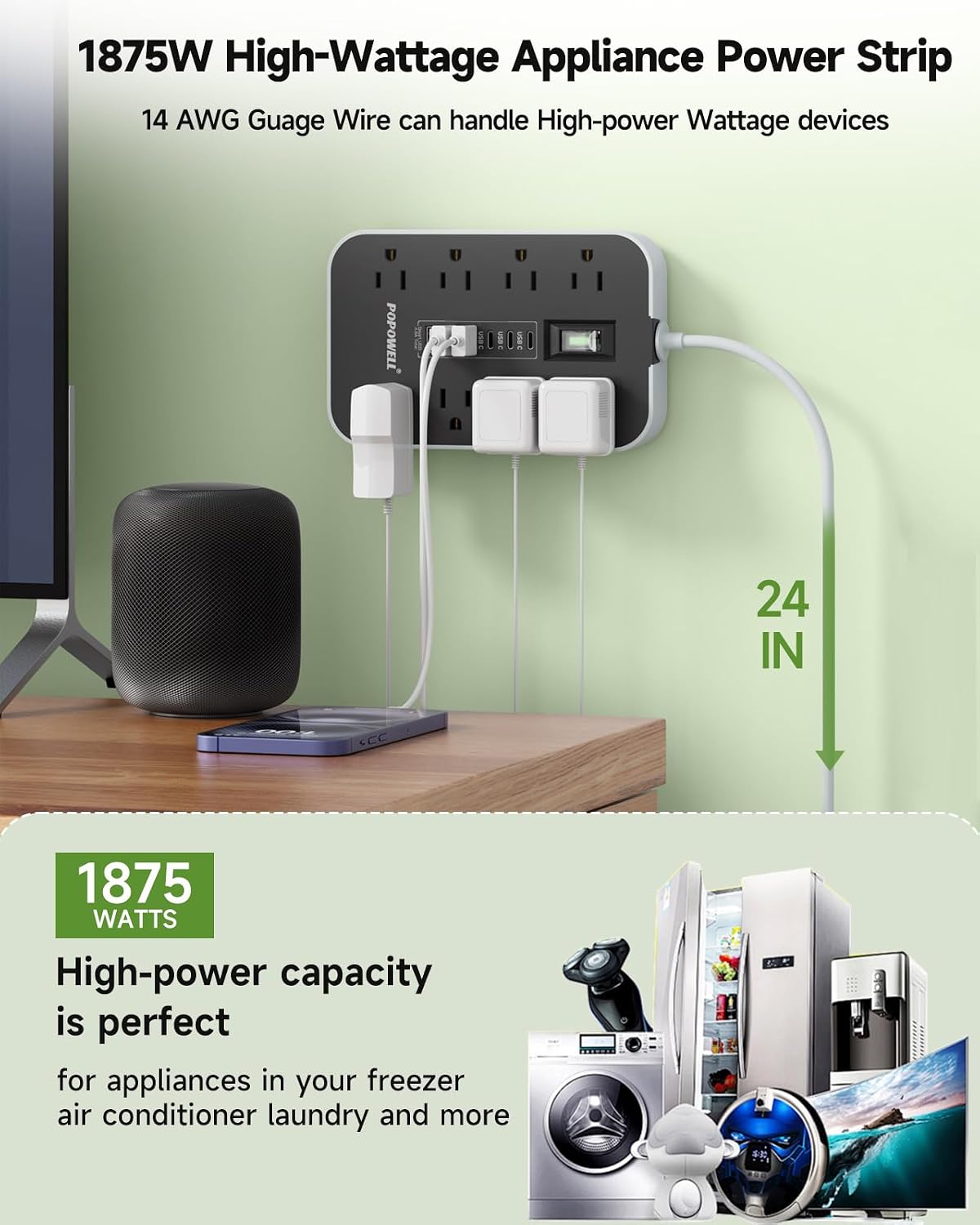 Regleta alimentación 8 tomas CA 6 puertos USB 1080J alta potencia