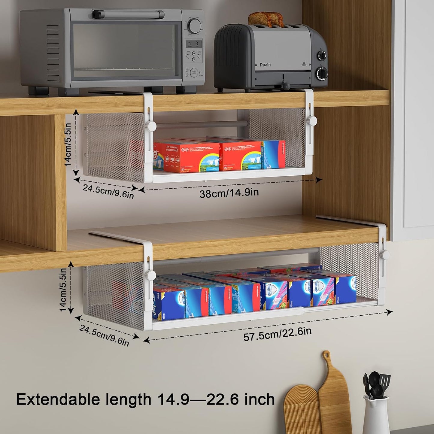 2 Cestas colgar gabinete soporte elástico 14.9-22.6pulg