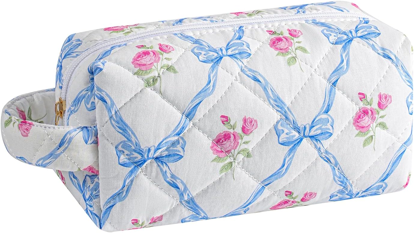 Bolsa maquillaje viaje con cremallera organizadora flores lazo azul