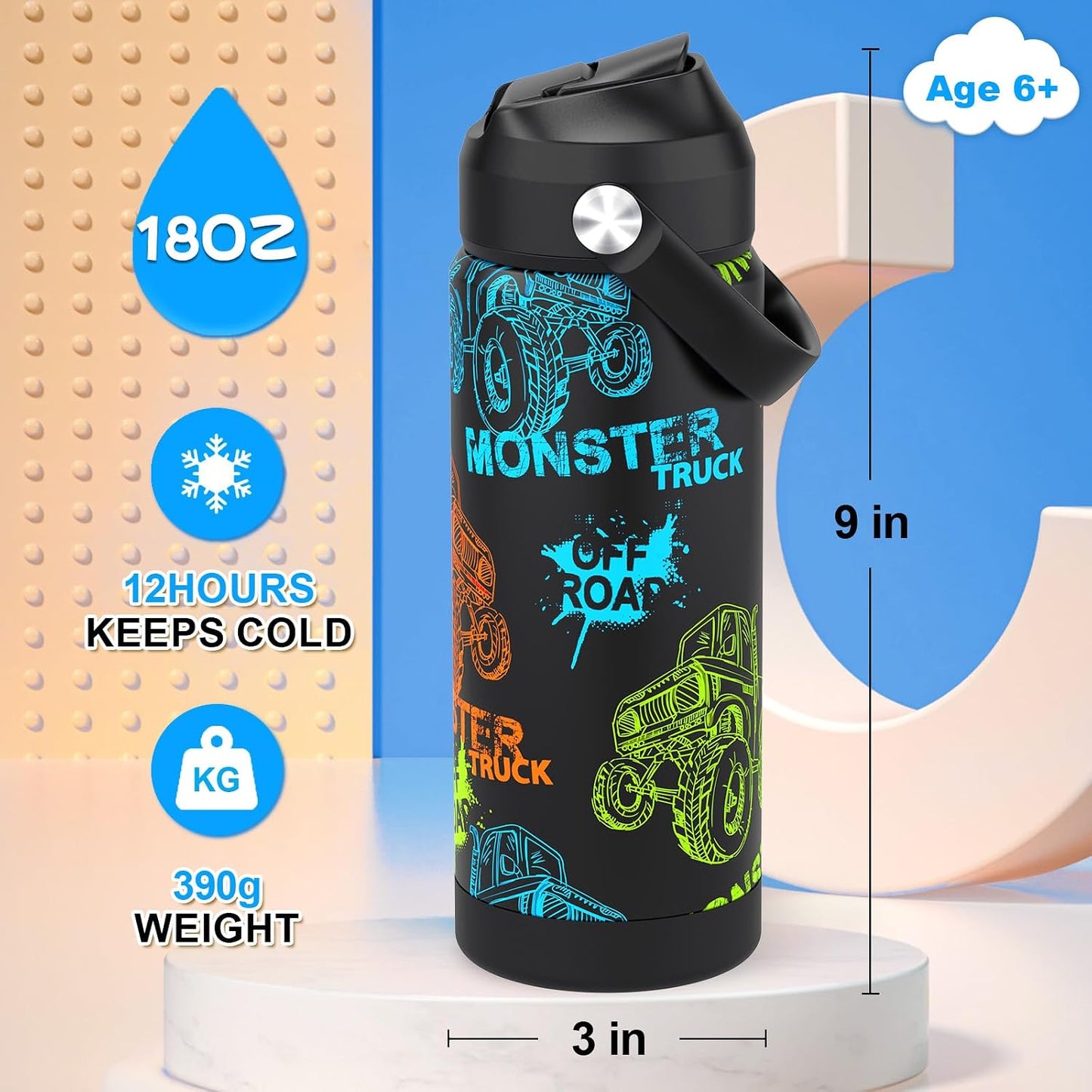 Botella agua niños pajita Monster Trucks 18oz acero inox