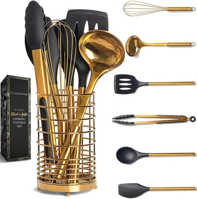 Set 7 Utensilios Silicona Negro Dorado Soporte Antiadherente