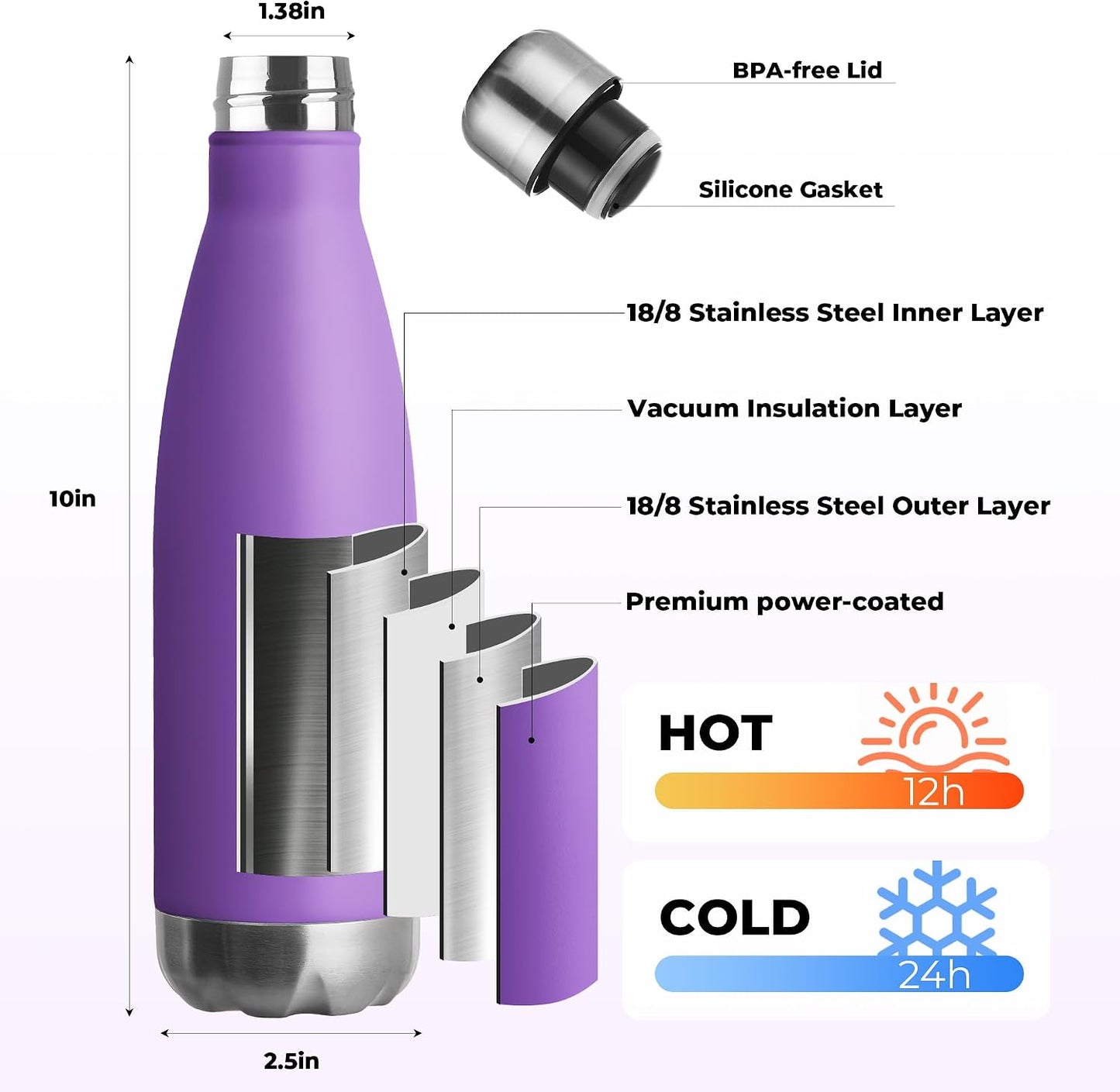 Botella agua deportiva acero inox doble pared 17oz morado