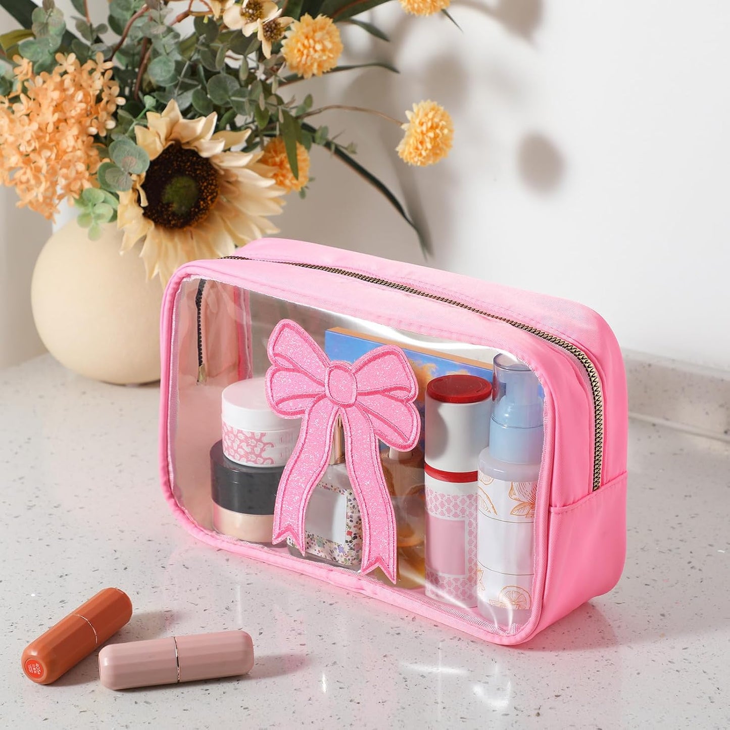 Bolsa maquillaje transparente con lazo rosa organizador viaje mujer