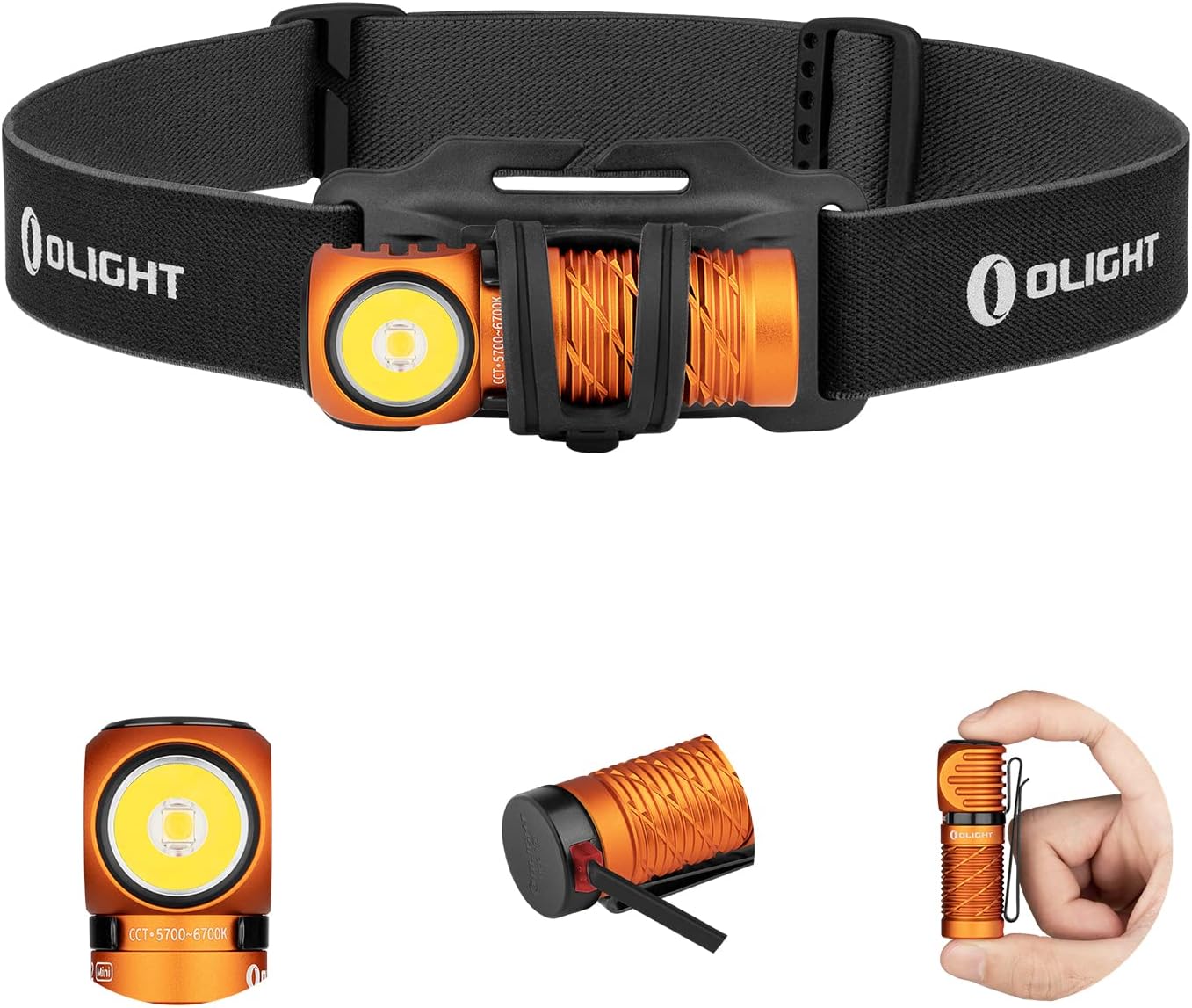 Linterna frontal recargable 1100 lúmenes luz fría naranja