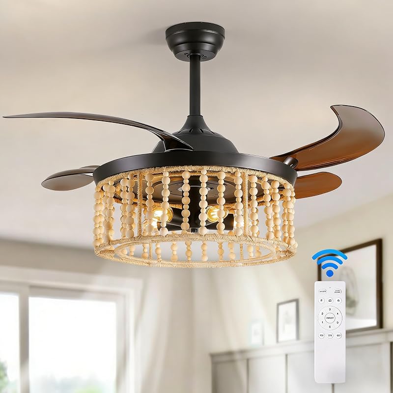 Ventilador techo retráctil bohemio 42" luces cuentas madera