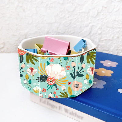 Portaclíp cerámica línea dorada patrón floral escritorio