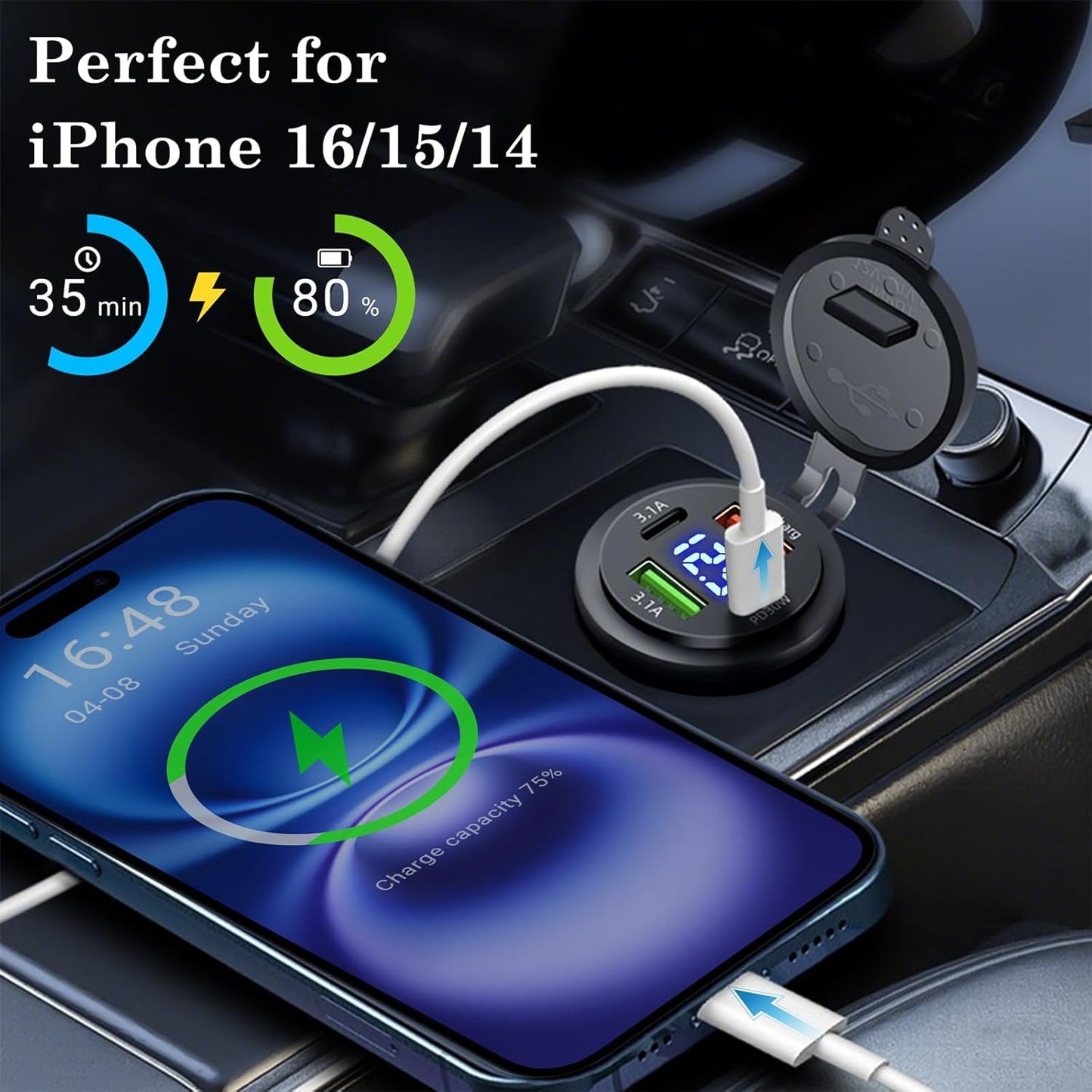 Cargador coche 2 USB dual C PD 12V 4 puertos
