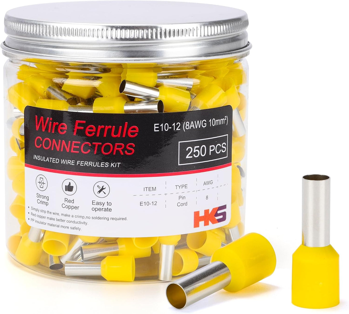 250 Pzas Conectores Casquillo Alambre AWG 8-10mm² E10-12 Amarillo