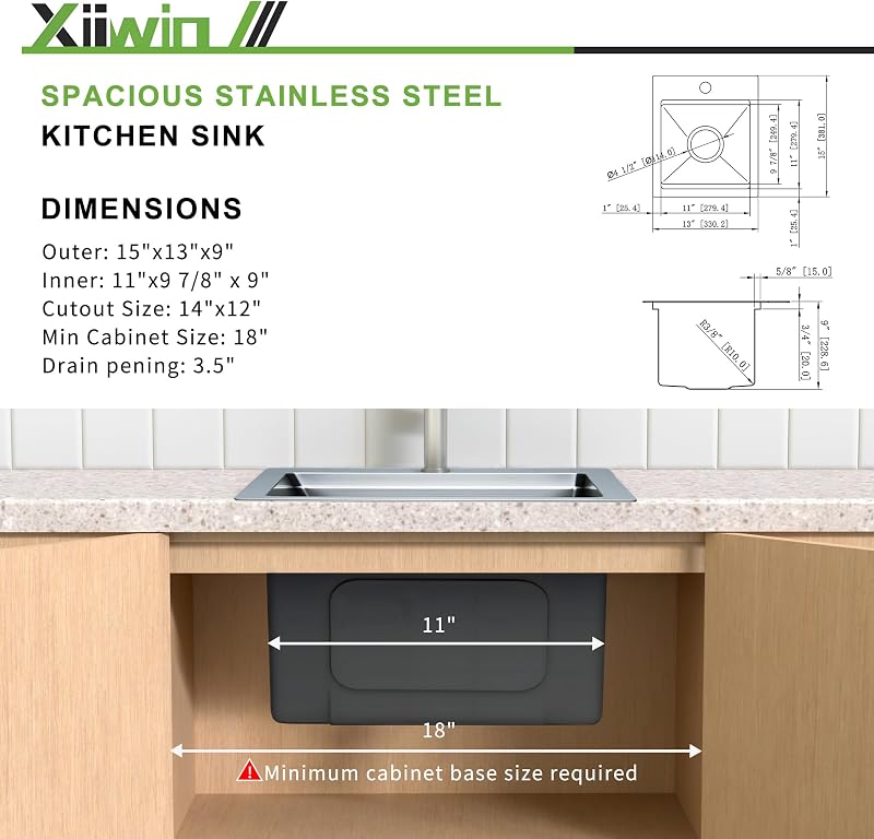 Fregadero barra acero inox T304 13x15" con tabla cortar