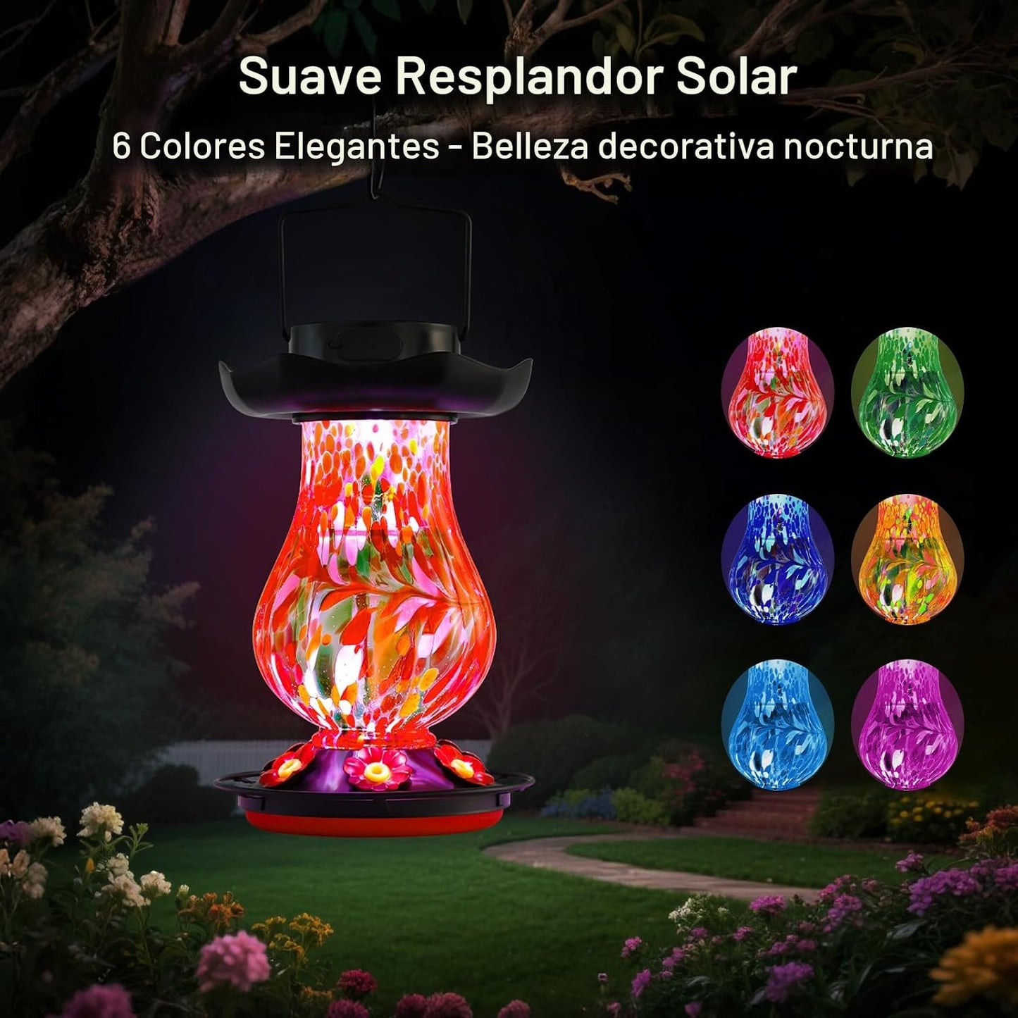 Comedero solar colibríes vidrio 25oz con luz 6 colores