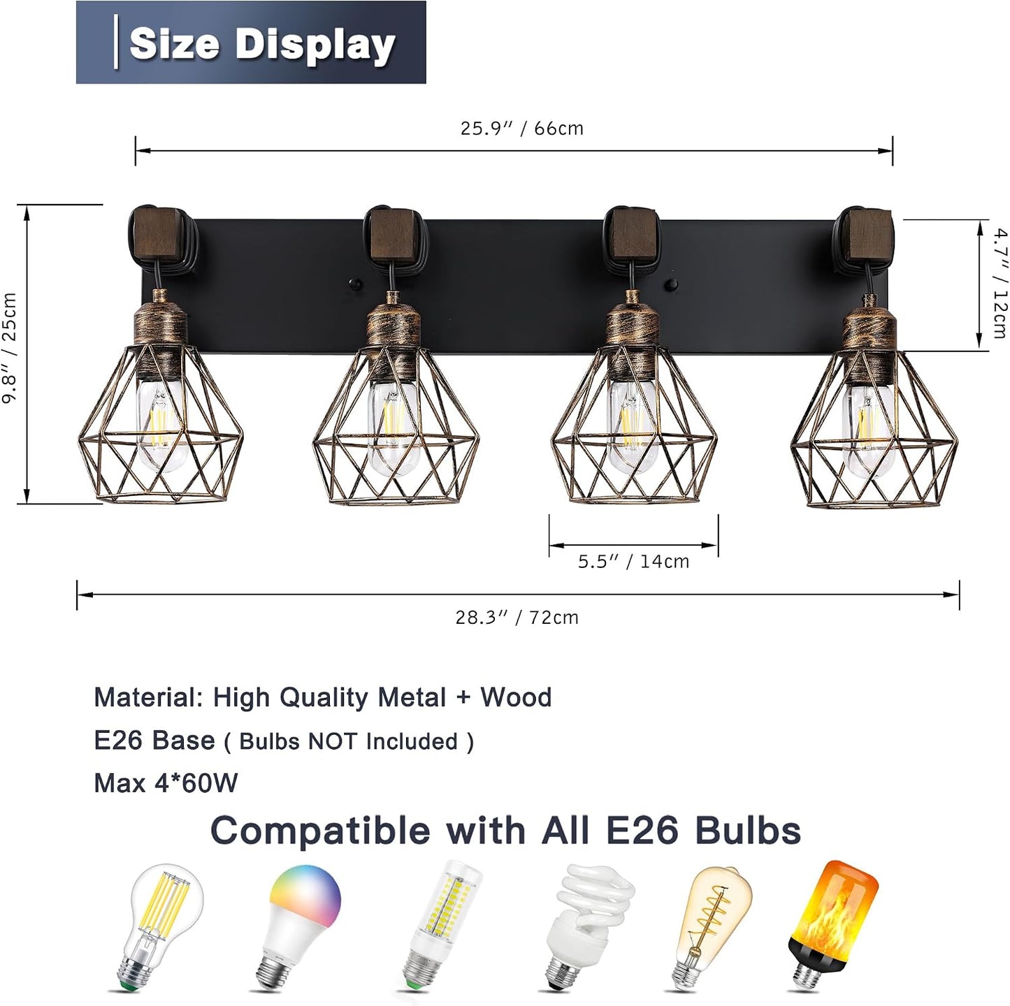 Lámparas doradas de madera 4 luces para baño y sala