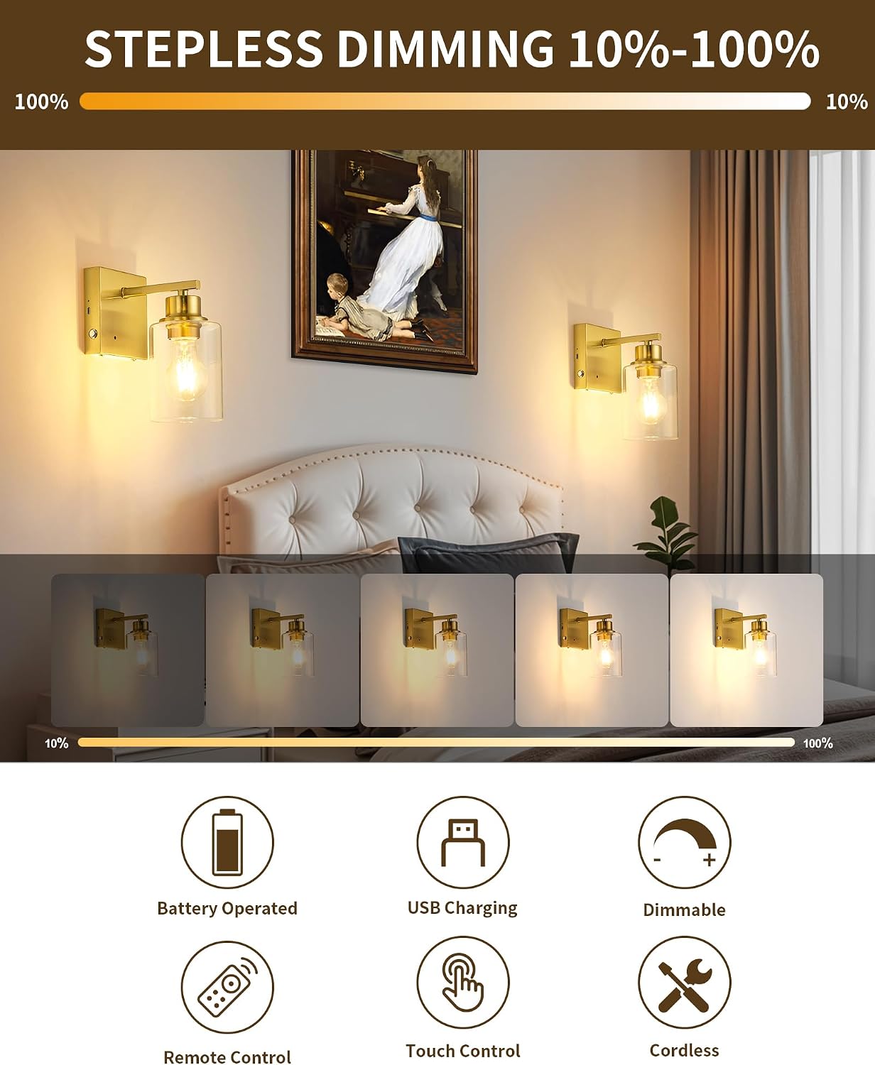 Aplique pared inalámbrico dorado con temporizador 3000K
