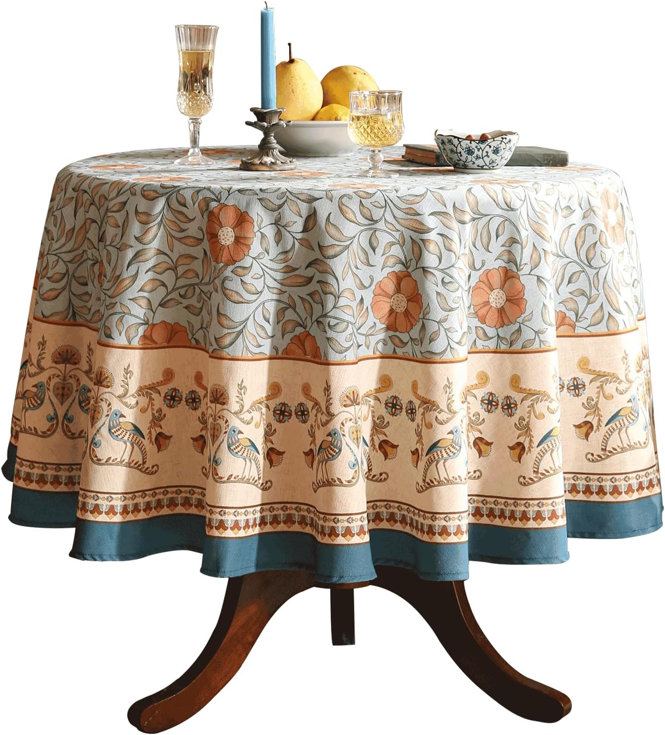 Mantel redondo lino francés azul diseño floral vintage