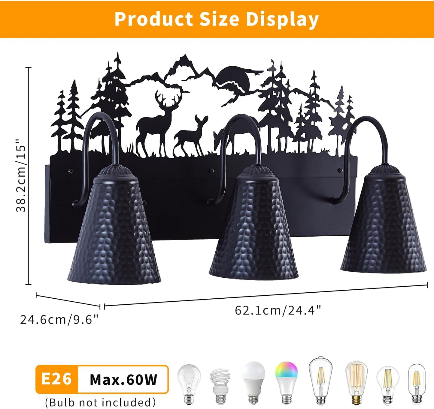 Lámpara tocador rústica metal negro 3 luces E26